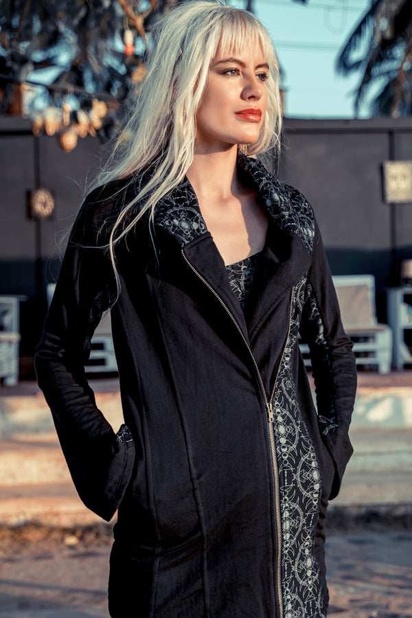 long black women's jacket with pattern