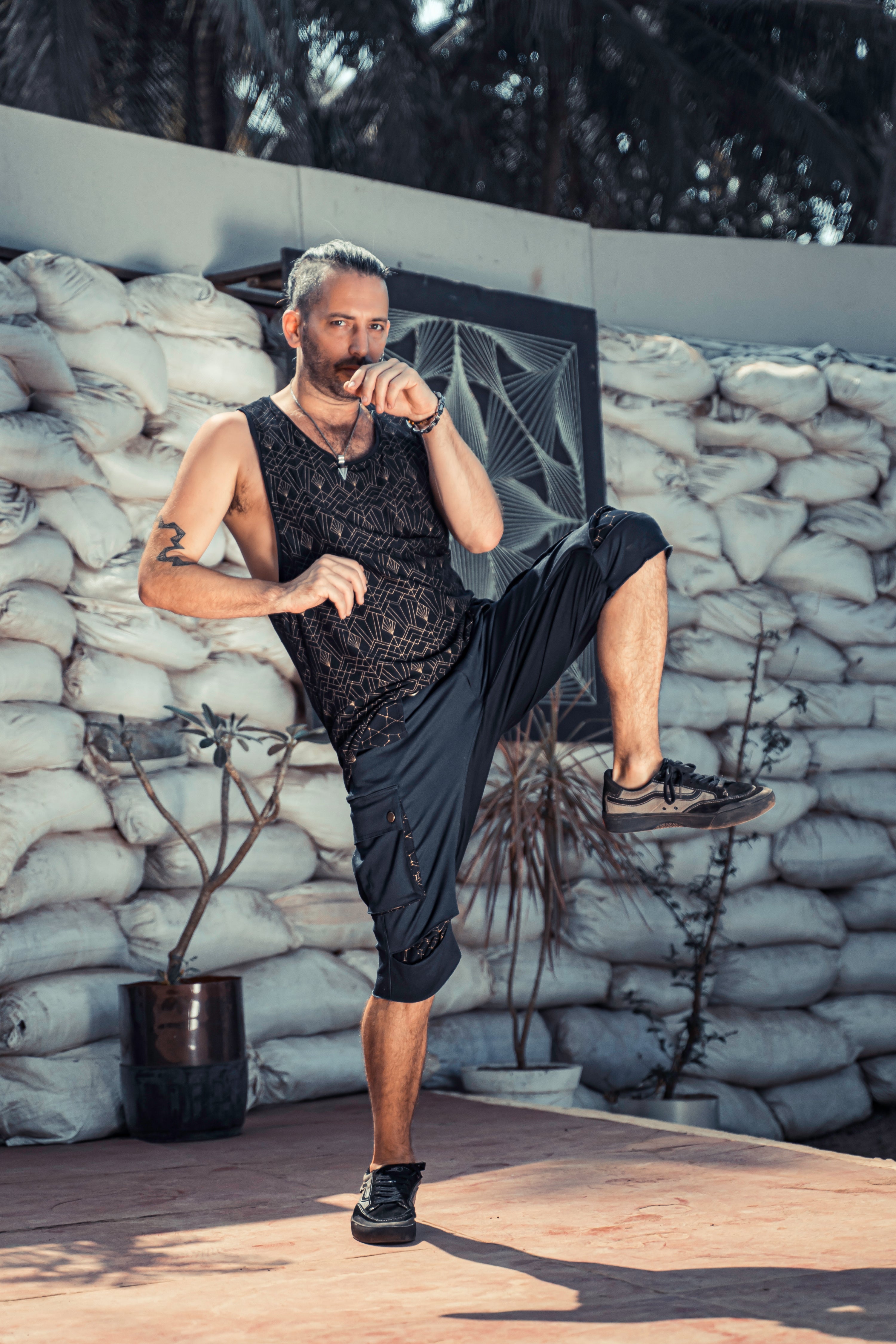 Black Silver Tazer Drop Crotch Comfortable Cargo Pants